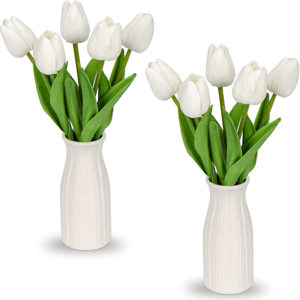 2 Packs Faux Flowers Artificial Tulips with Ceramic Vase, Poly Foam White Tulips Real Touch Flower Arrangement for Home Kitchen Wedding Centerpiece Decoration